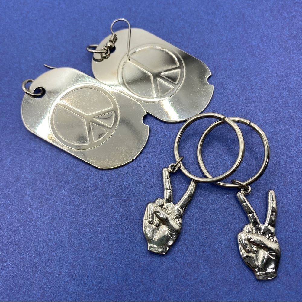 Peace Sign Earrings Two Pairs Pierced Long Dangle Silvertone